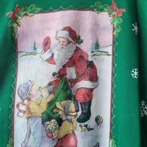 Vintage Christmas Sweater Womens 1X Green Santa Clause Snow Holly Nutcracker